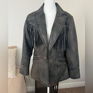 CRIPPLE CREEK | Distressed Leather Brown Studded Fringe Western Cowboy Jacket